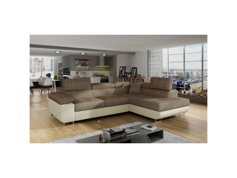  Canapé d'angle convertible menton beige bouclé – 4 places avec coffre et têtières  - Conforama E