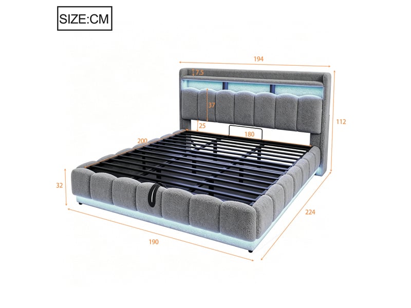 Lit double 180 × 200 cm avec coffre hydraulique, led, usb et prise, en tissu bouclé gris pour chambre - Conforama C