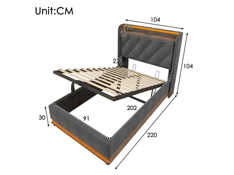  Modenvie lit coffre 90x200 cm - led 360, usb et usb c, avec matelas - rangement intégré - gris  - Conforama C