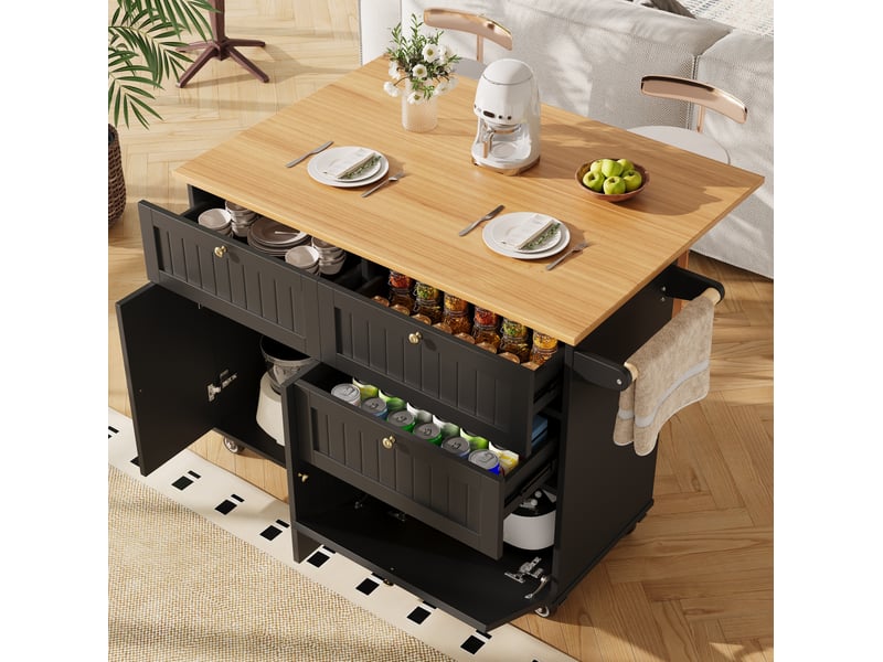  Desserte de cuisine noire en mdf avec plateau rabattable, roulettes et rangement  - Conforama B