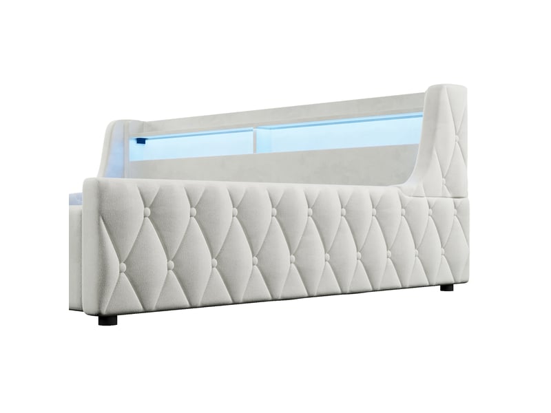  Lit coffre beige 140x200 cm en velours avec relevage hydraulique, tête de lit à led multicolores et rangement sous sommier  - Conforama E
