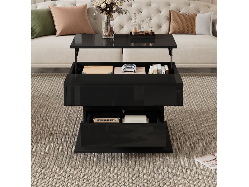  Table basse relevable 70 x 70 x 45-59 cm 360° tiroir rangement caché laqué brillant panneau de particules noir  - Conforama W