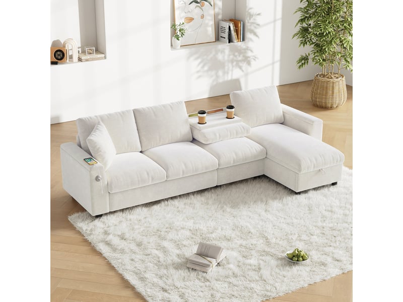  Canapé d'angle modulaire,3 places, accoudoirs avec rangements,en tissu chenille,280x137x84 cm,beige  - Conforama D