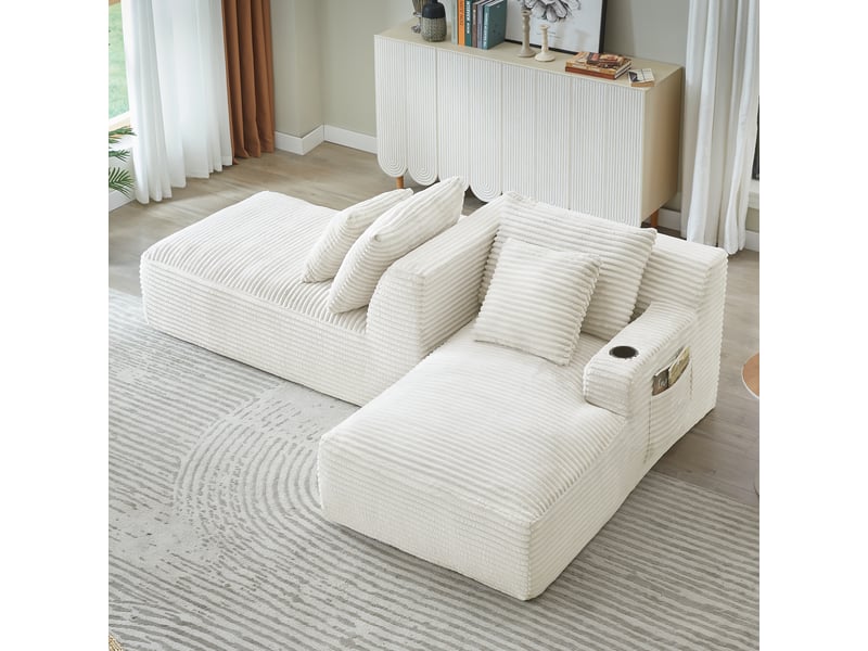  Canapé 2 places convertible en double méridienne, assise à ressorts, porte-gobelets, velours côtelé, beige OMNIGLINT TRADING LTD - Conforama E