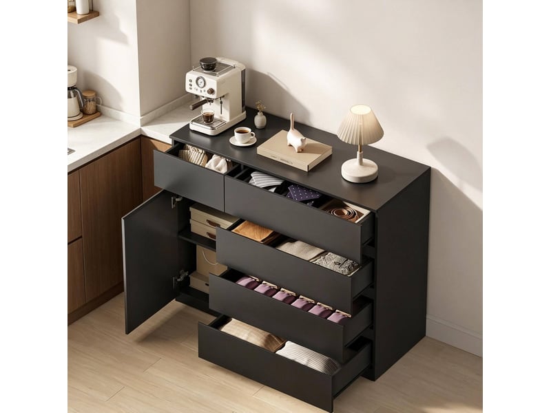 Meuble commode rangement 100x40x80 cm 5 tiroirs noir salon moderne avec portes homvra - Conforama C