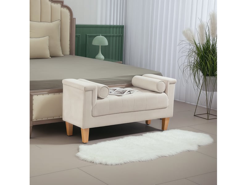  Banquette vintage 115x44x58 cm avec accoudoirs, revêtement chenille, bois, beige  - Conforama C