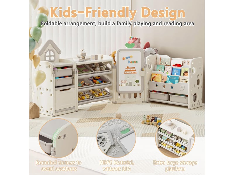 Meuble de rangement pour jouets d'enfants avec 10 caisses amovibles, 222 x 32 x 91 cm, beige - Conforama D