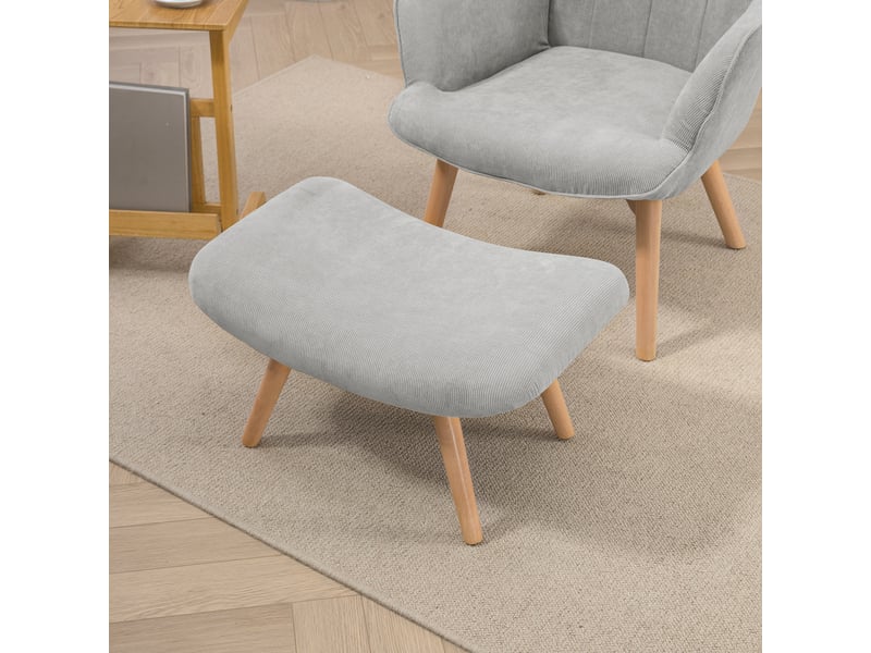  Fauteuil avec repose pied, dossier haut, pieds en bois et tissu aspect velours côtelé, pour salon chambre à coucher gris  - Conforama W