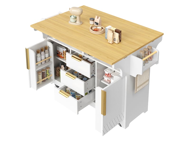  Îlot de cuisine mobile 120 x 40 x 95 cm, plateau extensible, 3 tiroirs, 2 portes et roulettes, blanc, en mdf robuste  - Conforama E