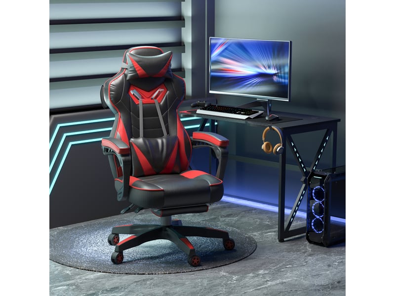  Chaise gaming ergonomique, fauteuil de bureau confortable avec repose-pied, appuie-tête et coussin lombaire, hauteur réglable, noir et rouge  - Conforama D