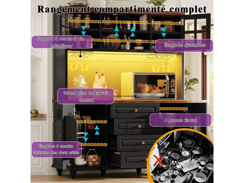  Buffet haut de cuisine 140 x 40 x 179,5 cm avec led rgb, étagères réglables et porte-verres en métal, noir  - Conforama D