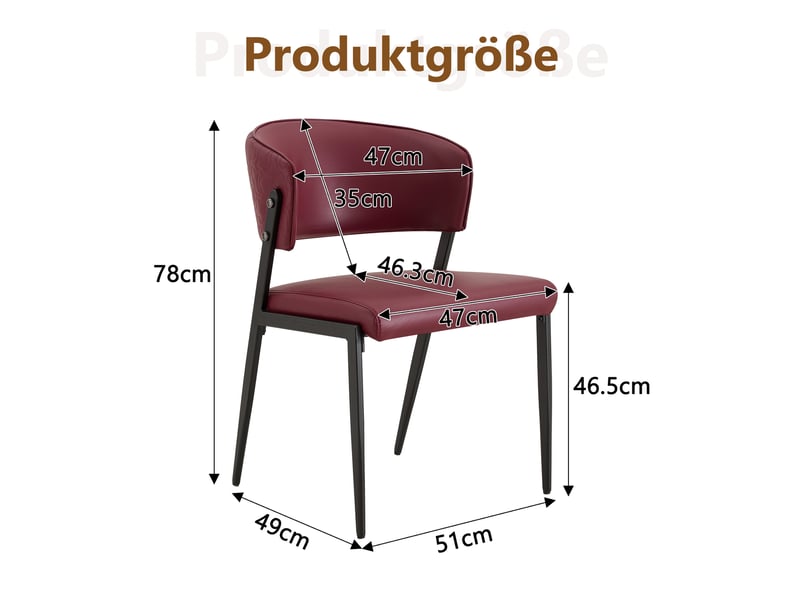  Chaise de salle à manger avec dossier ergonomique  - pieds métalliques, simili cuir rouge  - Conforama D