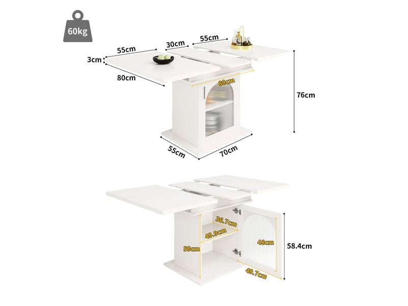  Table de cuisine 140x80, plateau laqué brillant table à manger, table extensible, rangement intégré, trois niveaux d'étagères  - Conforama C