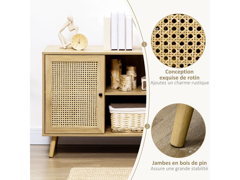  Meuble de rangement buffet 1 porte cannage dim. 80l x 39l x 70h cm - effet bois  - Conforama W