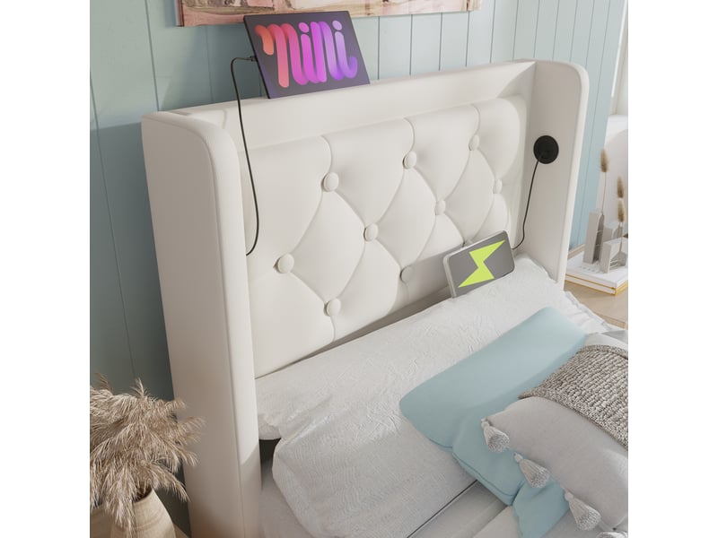  Lit coffre 90x200 cm avec dossier capitonné, led et rangement, pu, blanc, matelas inclus  - Conforama E