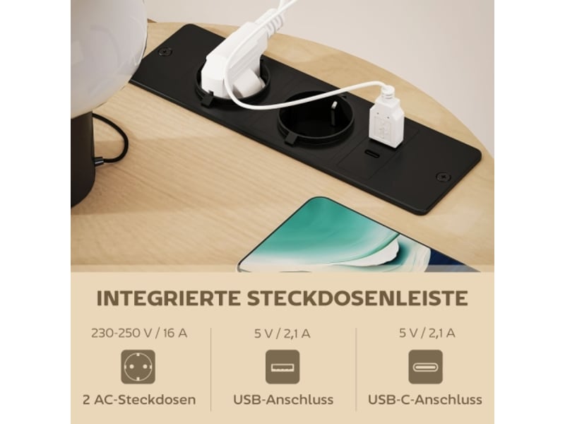  Table d’appoint 3 niveaux en bois naturel avec station de charge, rangement en tissu, 50x50x55,1 cm  - Conforama E
