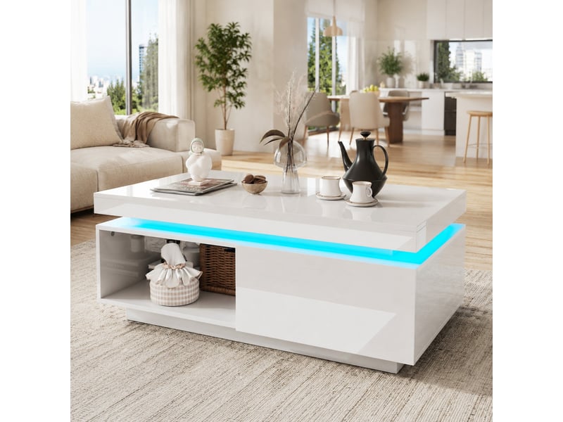 Ensemble meuble tv et table basse avec led en panneau de particules blanc brillant  - Conforama D