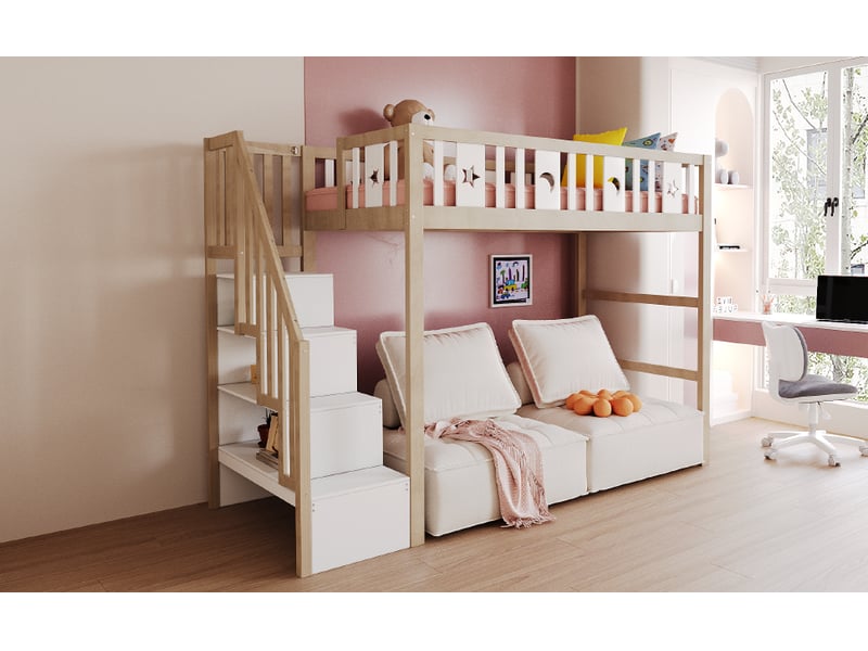  Lit mezzanine 90x200 en bois massif avec échelle, rangements et barrière de sécurité  - Conforama R