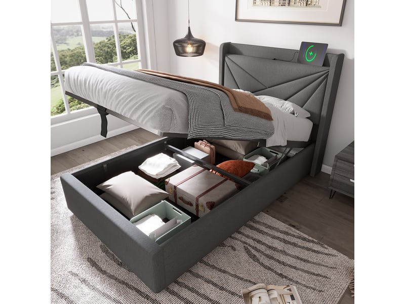  Lit coffre rembourré 90x200 cm, lit simple avec tête de lit usb-c, rangement intégré, sommier à lattes, revêtement en lin evarich - Conforama E
