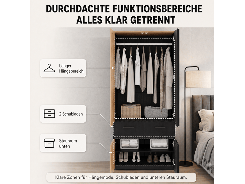  Armoire penderie 90 x 50 x 200 cm noire et bois, mdf et panneaux de particules, 2 tiroirs et penderie  - Conforama E
