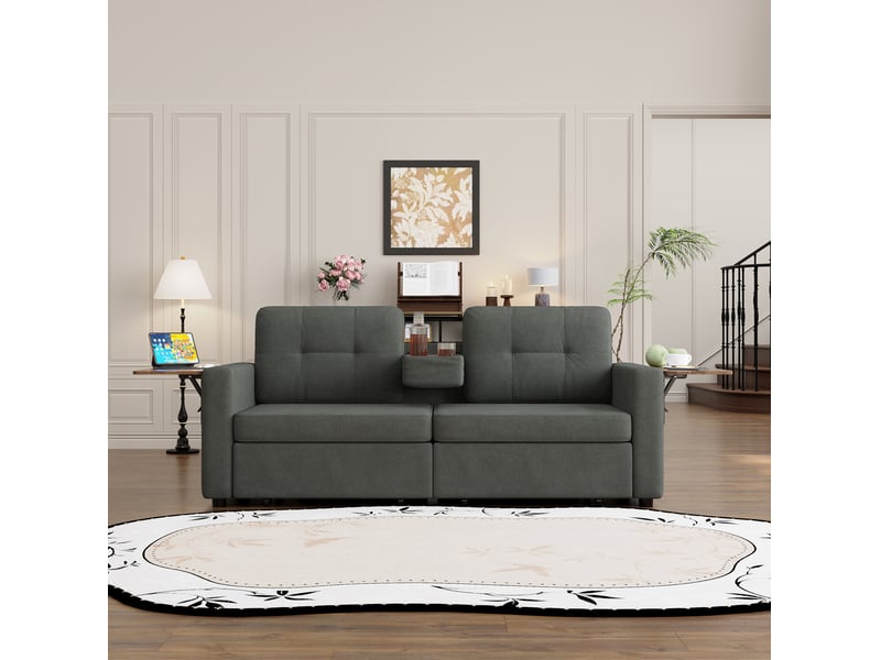 Canapé 2 places modenvie avec rangement, tablettes réglables et porte-gobelets en chenille gris foncé  - Conforama D
