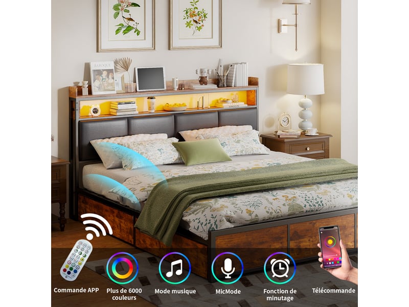  Lit 140x200 cm avec tête de lit rangement, lit double led,4 tiroirs, lit adulte ,sommier à lattes,marron, pu  - Conforama E