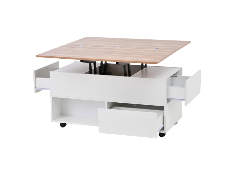 Table basse relevable et extensible 100x50cm, table de salon à roulettes avec 4 tiroirs, bois et blanc - Conforama D
