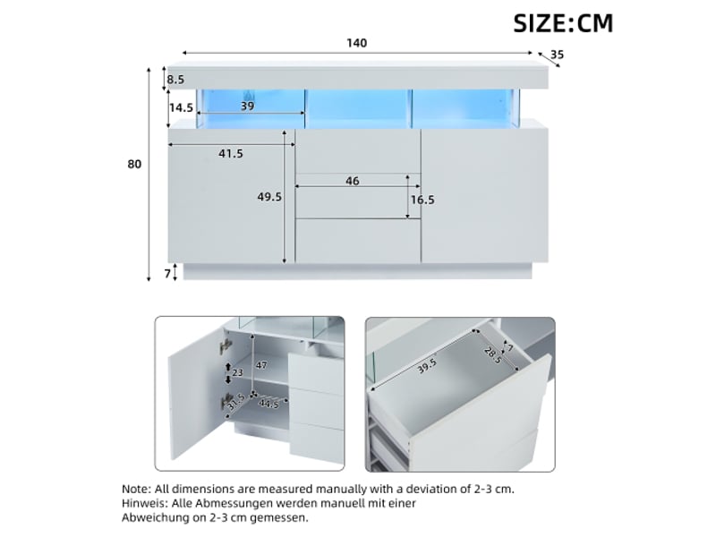  Buffet moderne 140 x 35 x 80 cm, buffet brillant, bar à café, buffet en acrylique avec bande lumineuse led 16 couleurs,(blanc)  - Conforama E