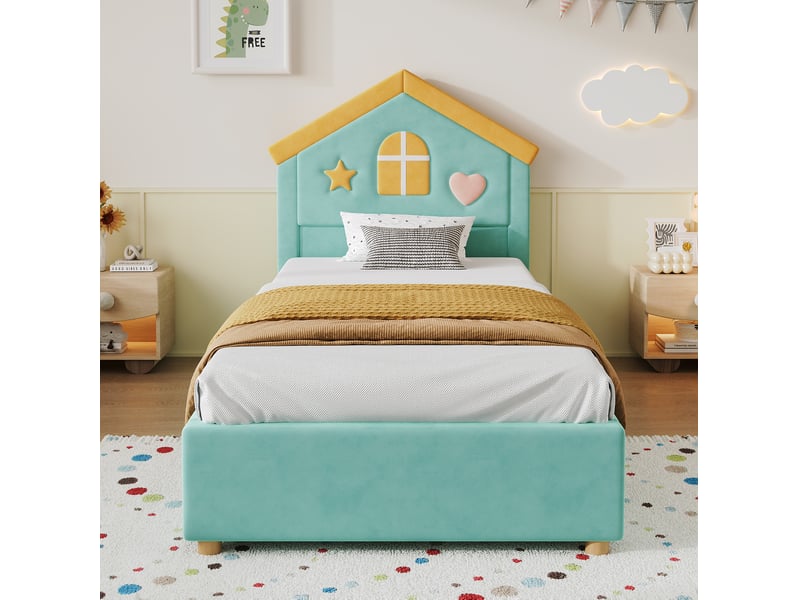  Lit enfant tcqpz rembourré 90 x 200 cm avec 4 tiroirs bleu-vert tête de lit maison en velours français  - Conforama D