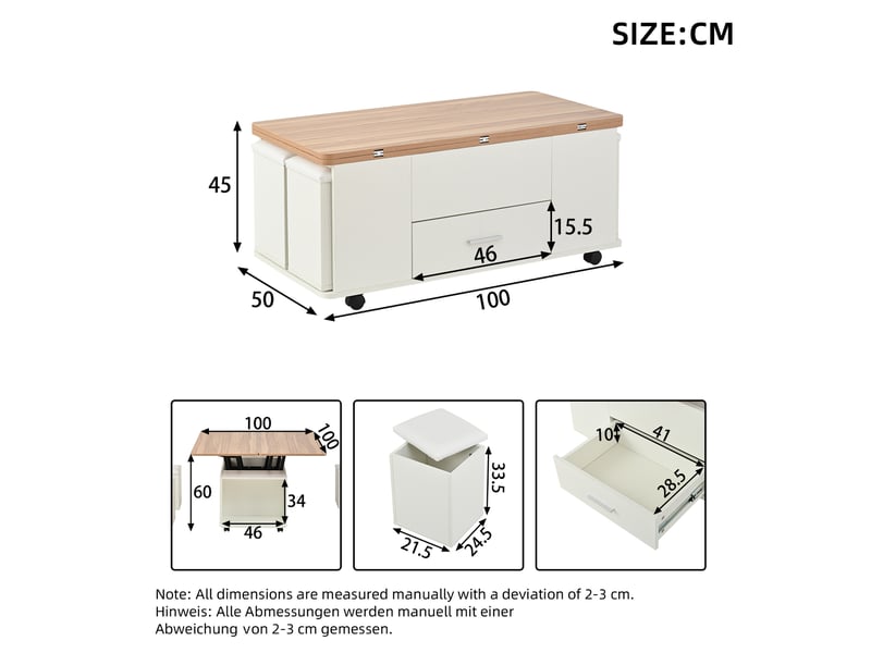 Table basse relevable 100x50 cm avec 4 tabourets, tiroir et roulettes blanc naturel - Conforama C