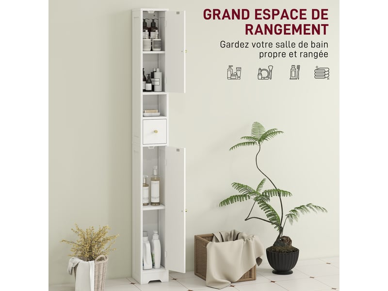  Meuble colonne salle de bain, meuble de rangement, 2 portes, tiroir, compartiment ouvert, blanc, étagère réglable  - Conforama A