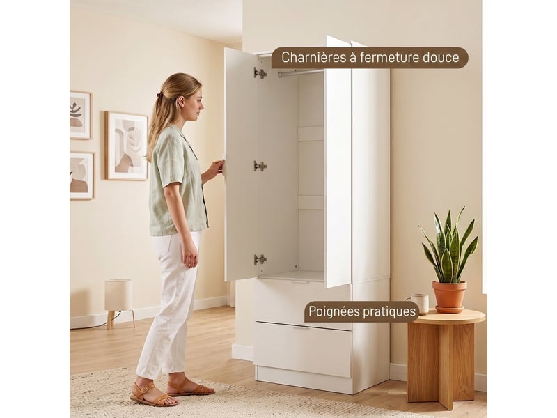  Armoire chambre penderie avec 2 tiroirs, 2 portes à fermeture douce et barre de suspension, 60 x 47 x 180 cm, blanc  - Conforama R