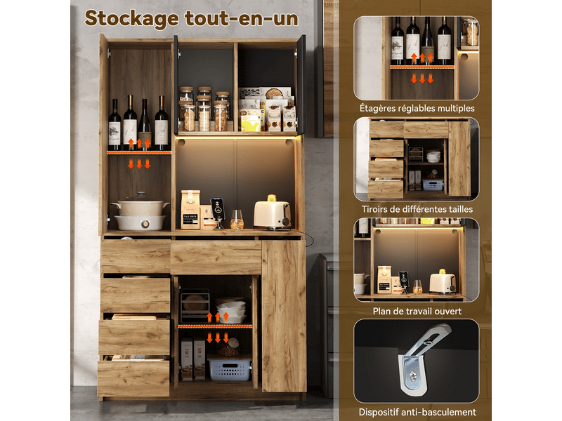  Buffet de cuisine haut avec tiroir à épices vertical, led et prises, 185x105x40 cm  - Conforama E