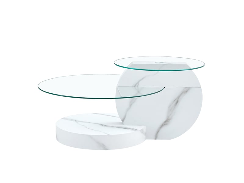  Table basse à deux niveaux avec plateau en verre trempé et base effet marbre blanc pour salon 78,5 × 78,5 × 24,5 cm  - Conforama A