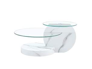Table basse à deux niveaux avec plateau en verre trempé et base effet marbre blanc pour salon 78,5 × 78,5 × 24,5 cm