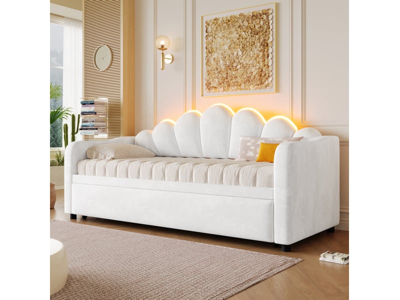  Lit adulte chambre 90x200 cm couchage extensible led en velours blanc gain de place homvra  - Conforama D