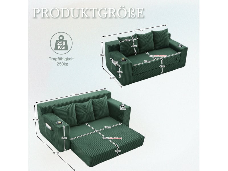  Canapé modulable 3 places modenvie en velours côtelé vert émeraude avec porte-gobelets et poches latérales 172 x 87 x 64 cm  - Conforama C
