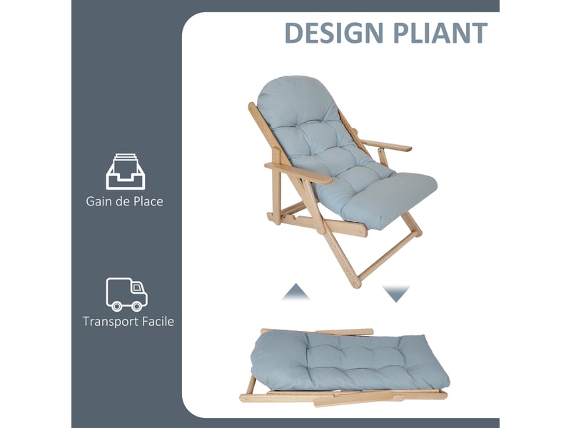  Fauteuil chaise de salon pliable et inclinable en bois fauteuil relax confortable avec coussin capitonné épais  - Conforama R