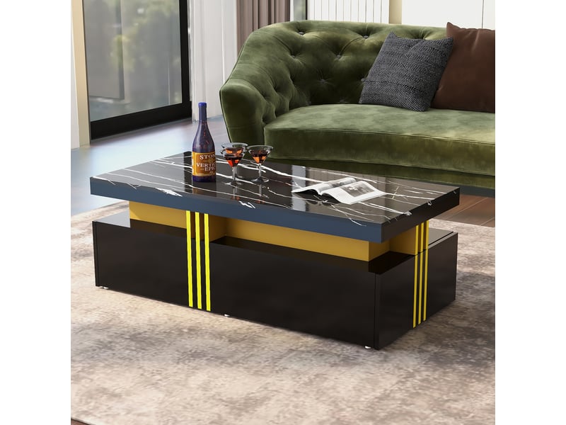  Table basse noire brillante rectangulaire effet marbre 2 tiroirs 100x50x40 cm  - Conforama C