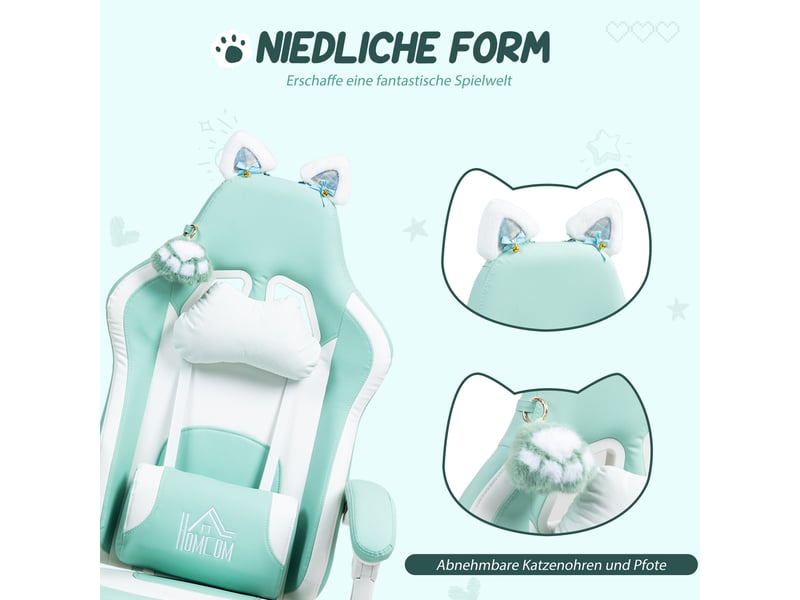 Fauteuil de jeu avec oreilles de chat, dossier inclinable, repose-pieds extensible, capacité de charge jusqu'à 120 kg, bleu tiffany - Conforama E