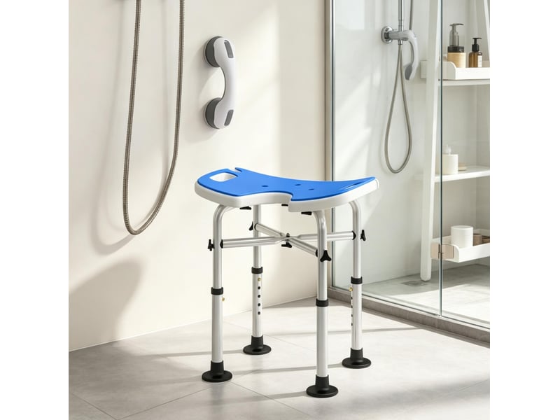  Tabouret de douche réglable 48,5 x 33 cm – bleu foncé – assise u, ventouses et barre d'appui stable  - Conforama D