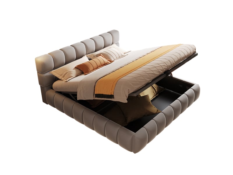  Lit coffre rembourré 140x200 cm avec rangement hydraulique, tête de lit épaisse, sommier à lattes, cadre enveloppant, velours - gris  - Conforama A