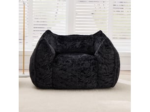 Fauteuil pouf géant avec coussin et dossier enveloppant en fausse fourrure noire, 123 × 97 × 73 cm