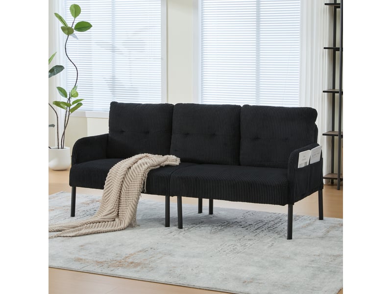 Canapé 3 places en velours côtelé noir avec poches latérales - Conforama D