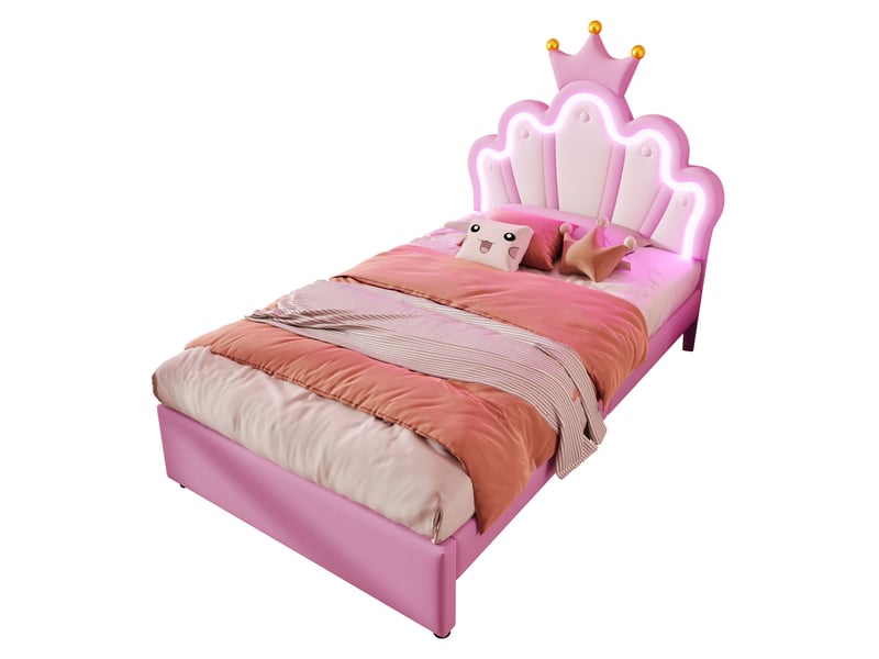 Lit rose 90x200 cm en pu, tête de lit couronne réglable, 2 tiroirs et éclairage led avec télécommande, sans matelas - Conforama A