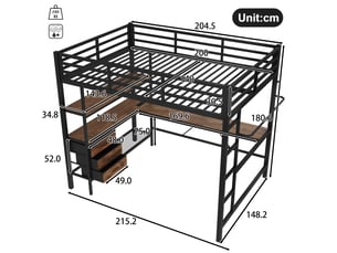 Lit mezzanine 140*200cm, structure en métal et mdf, éclairage led, bureau, port usb, 3 tiroirs, sans matelas, noir