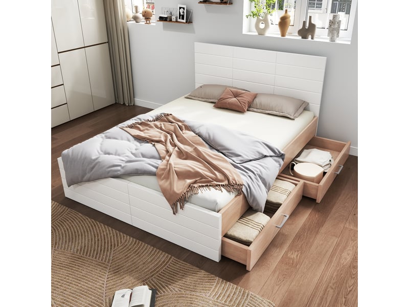  Cadre de lit, lit double 160x200 cm, 2 tiroirs, sommier à lattes, bois massif chêne blanc et clair, matelas inclus  - Conforama W