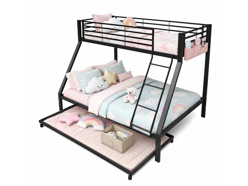  Lit superposé métal noir 90/140x200 cm avec lit gigogne 90x190 cm, 3 couchages  - Conforama D