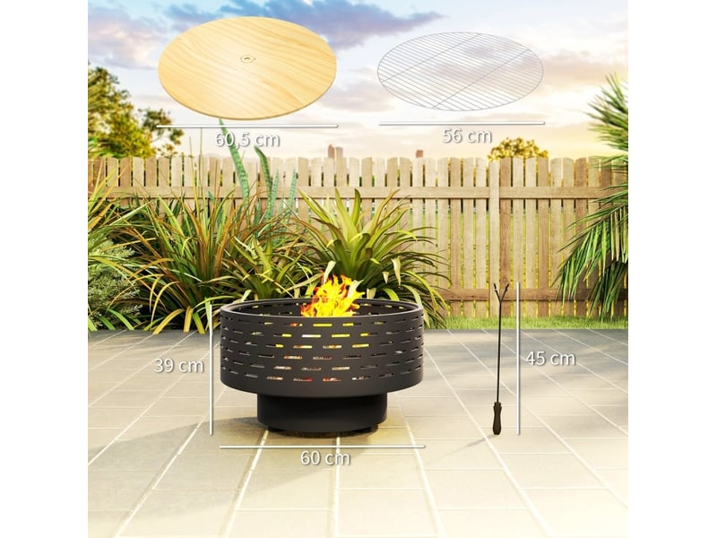  Brasero 3-en-1 ø60 x h39 cm – gris anthracite – grill, table de jardin et pare-étincelles en acier inoxydable  - Conforama C