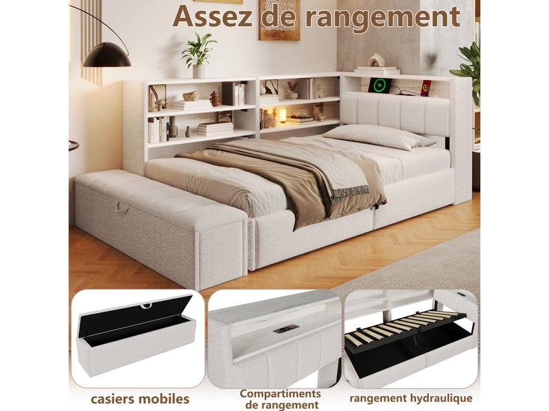  Lit coffre hydraulique 90x200 cm avec led, usb-c, banc coffre et tête réversible, velours blanc, sans matelas  - Conforama R
